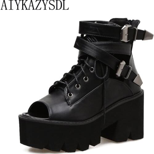 AIYKAZYSDL Women Gladiator Sandals Open Toe Ankle Boots Summer Bootie Gothic Buckle Thick Sole Platofrm Square High Heels Shoes