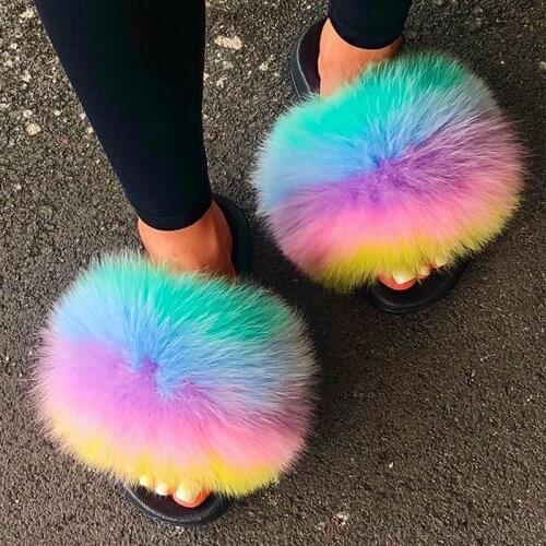 ETHEL ANERSON Newest Women Casual Booming Beach Sandals And Real Fluffy Fox Raccoon Fur SlippersSlides Flip Flops Plush Shoes