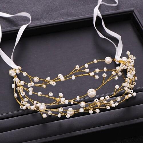 Trendy Gold Color Bridal Headband tiara Lmitation Pearls Wedidng Headbnad Headpiece Women Hair Jewelry Wedding Hair Accessories