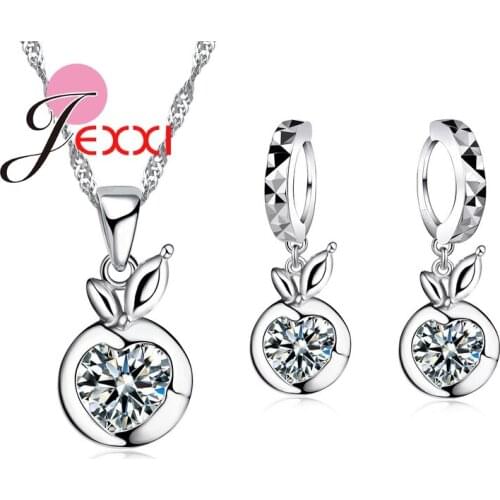 Simple 925 Sterling Silver Cubic Zirconia Apple Necklace Earrings Sets Brincos Female Party Anniversary Jewelry