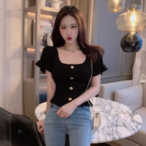 2021 Summer Short Sleeve Women Sweater Knitted Crop Tops Slim Sexy Korean Fashion Button Pullovers Chompas Para Mujer
