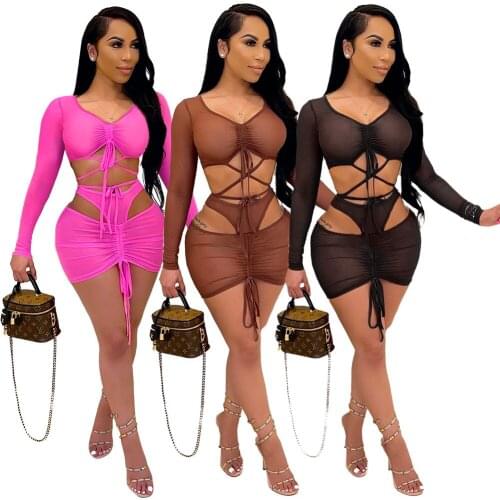 Vintage Women Sexy Drawstring Sheer Mesh Two Piece Set Dress Lace Up V Neck Long Sleeve Crop Top Bodycon Mini Skirt Club Suit