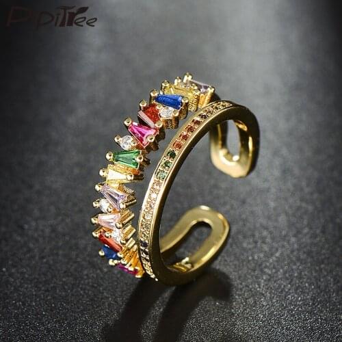 Pipitree Zircons Irregular CZ Stone Gold Open Ring Double Layer Wedding Engagement Knuckle Cocktail Rings Women Crystal Jewelry
