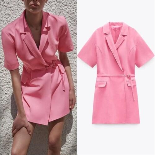 Za Blazer Dress Woman 2021 Pink Wrap Short Summer Women Dresses Belt Short Sleeve Mini Dress Elegant Casual Dresses