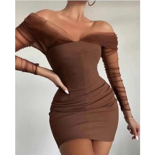 2021 New Arrival Chic Stretch Mini Sexy Mesh Long Sleeve Women Slim Fit Bodycon Party Brown Fashion Bandage Dress Vestidos