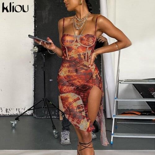 Kliou Mesh Print Side Slit Bodycon Women Camisole Dress Fashion Sleeveless Backless Party Clubwear Hot Sexy Mini Dresses