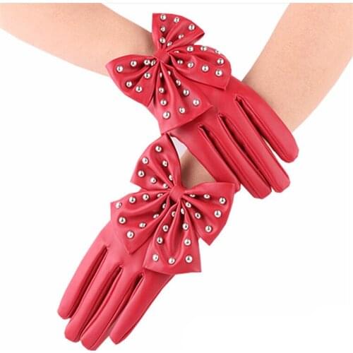 Winter PU Leather Bowknot Rivets Soft Motorcycle Gloves For Women Ladies 0231