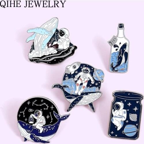 Explore Outer space Astronaut and Whale Enamel Pins Universe Drifting Wishing Bottle Brooches Science Badges Jewelry Wholesale