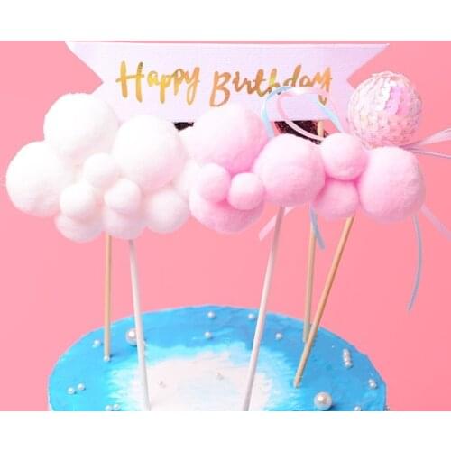 1PC Pink Blue Soft Pompom Cloud Cake Topper Happy Birthday Party DIY Cake Top Flags Decoration for Cake Topper Festival New Year