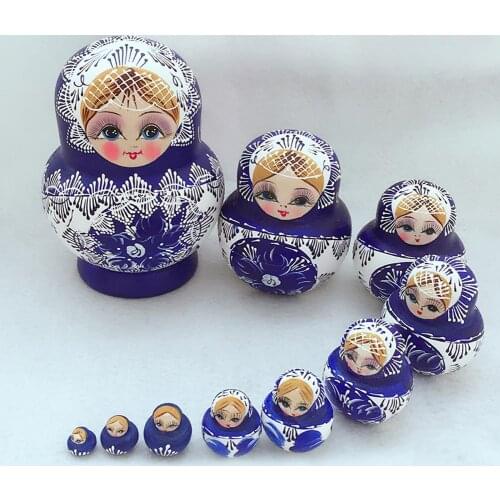 10Pcs/Set Russian Blue and white porcelain Color Nesting Dolls Matryoshka Wooden Handmade Toy Craft Home Decor Kitchen Face doll