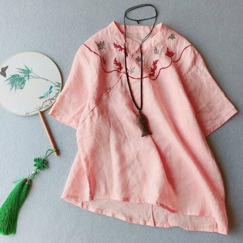 2021 Women T shirt Summer Short Sleeve Ramie O neck Embroidery Floral Vintage Pullovers Fashion Women Tops YoYiKamomo