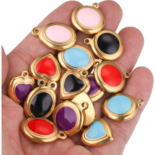 5pcs/lot Stainless Steel Gold Oval Round Heart Enamel Charms for Bracelet Necklace Earring Jewelry Making Supplies Bulk Dangles