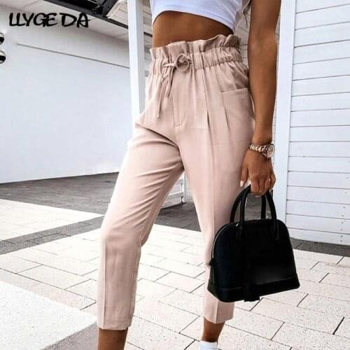 Apricot High Waist Ruffle Pants For Women Drawstring Solid Womens Pant 2021 Summer Autumn Fashion New Casual Trousers Female
