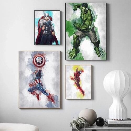Watercolor Marvel Superhero Movie Canvas Painting Captain America Iron Man Thor Poster and Print Wall Art Picture for Home Decor