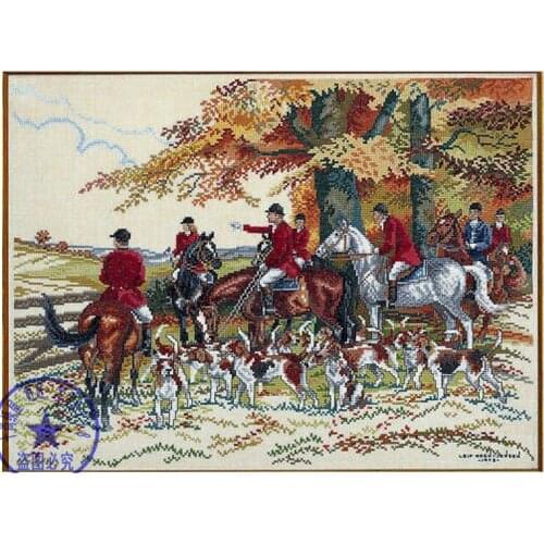 Free Delivery Top Quality Lovely Counted Cross Stitch Kit Hunting Riding Horses Dogs In the Maple Woods Forest