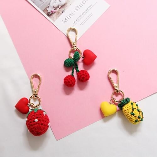 Embroidery Handmade Cherry Pineapple Strawberry Keyrings llaveros Bag pendant Charm dangle keyring key chain Portachiavi J37
