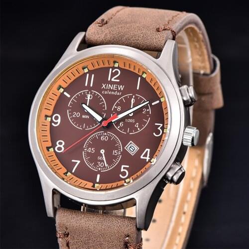 2017 XINEW Fashion Casual Date Mens Watches Top Brand Luxury Leather Business Quartz-Watch Men Army Wristwatch Relogio Masculino