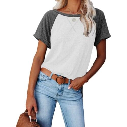 Color Block Cross Top Short Sleeves T Shirt Womens clothing Casual Loose O-Neck Clothes Female Top Korean O Neck Female Tops