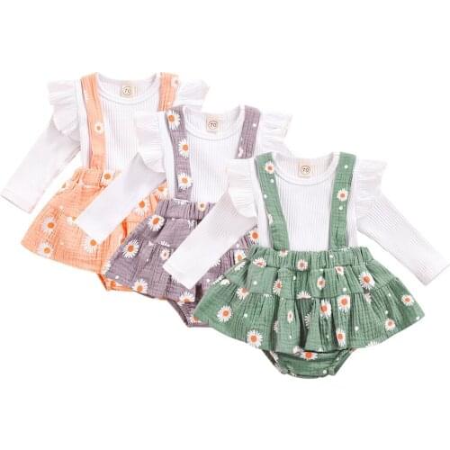 2PCS Newborn Autumn Casual Outfits Baby Girls Ribbed Fly Sleeve Pullover T-shirts Tops+Flower Print Strap Shorts Skirts Outfits