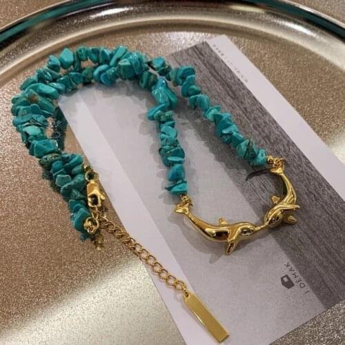 Ins European and American retro fashion niche design kiss dolphin natural blue turquoise necklace fashion necklace female