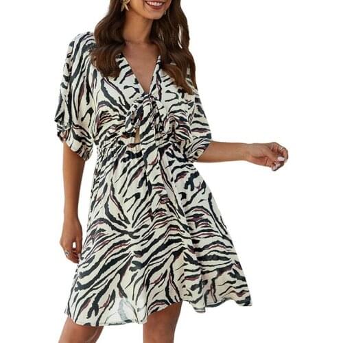 Fashion Zebra Pattern Women Dress A-Line V-Neck Half Sleeve Bow Loose Summer Dress Beige XL Size