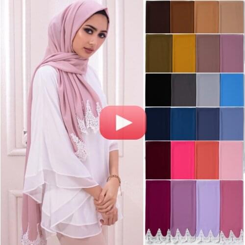 Trendy Plain Bubble Heavy Chiffon Hijab Scarf Wrap with White Embroidered Lace Solide Color Shawl Headband Muslim Hijabs Scarves
