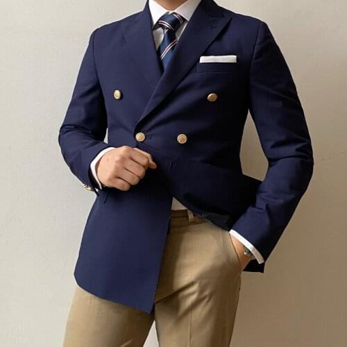 RICODESIGN mens slim fit business formal navy suit double breasted gold metal buttons stretch two pieces