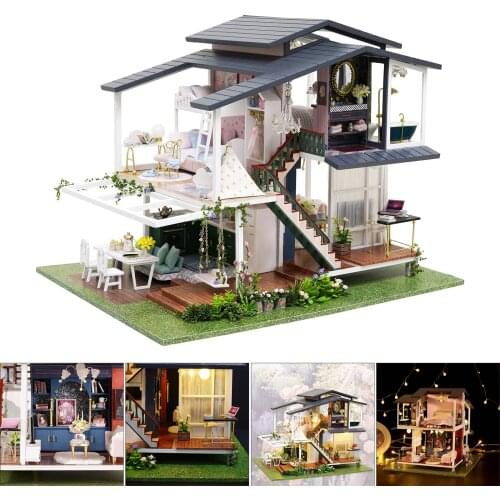 Doll House Furniture Kits Wooden Garden Villa House Miniature Puzzle for Girls