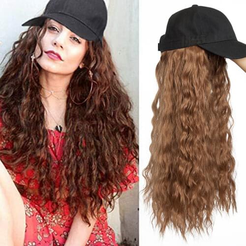 Aobocca New long wavy baseball cap with hair extension synthetic hair integrate cap hat for women girl daily hair style wig