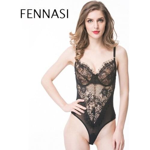 FENNASI New Womens Sexy Lace Jacquard Perspective Bodysuit Lingerie Sleeveless V Neck Stretch Leotard One-Piece Pajamas