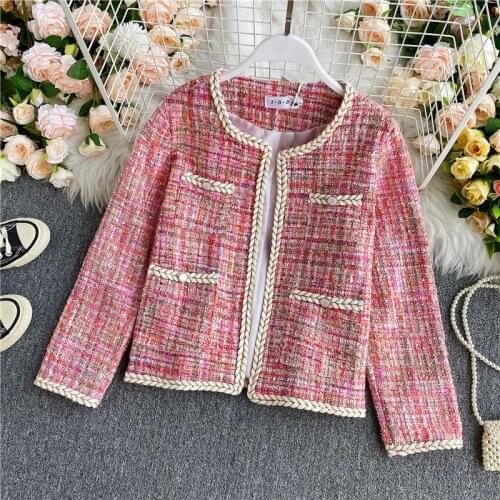 2020 New Arrivals Temperament Tweed Retro Suit Fashion O-neck Korean Chic Long-sleeved Jackets Casual Lady Coat for Autumn