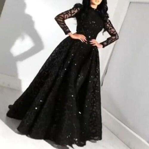 New design Ladies Lace evening gown black sequin ball gown elegant long-sleeved evening dress