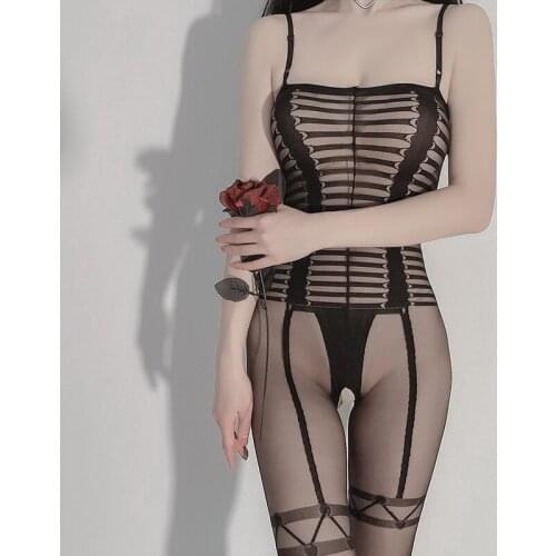 Charming Bodysuits Womens Underwear See Through Lingerie Retro Thin Striped Silk Body Stockings Lolita Cosplay Sexy Nightwear