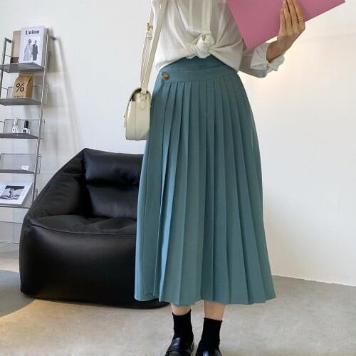 Solid Elegant Women Pleated Skirt 2021 Summer A-Line Design Skirt Elegant High Waist Blue Khaki Black Long Skirt