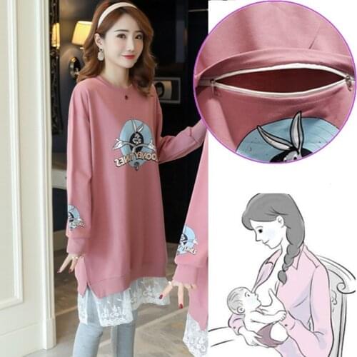 Autumn Spring Clothes For Nursing Mothers Embarrassed Sweatshirt Jacket For Breastfeeding Hoodies Cartoon Print Cotton Clothes