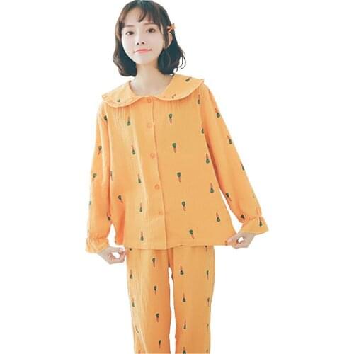 2020 new spring autumn thin cute cotton long sleeve Single-breasted Elastic band carrot lapel home two-piece women pajamas W25