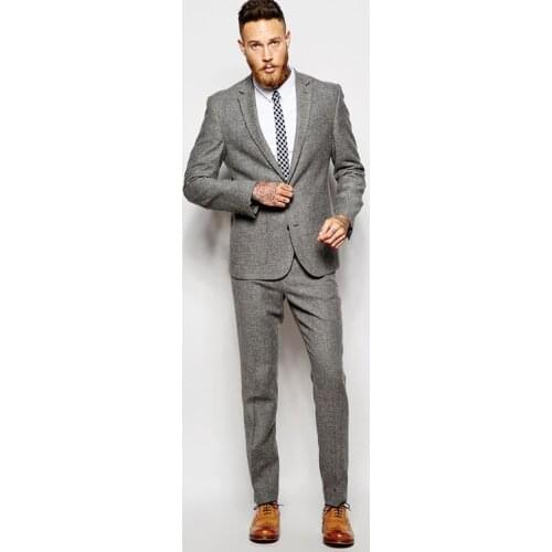 Latest Coat Pant Designs Grey Tweed Wedding Suits for Men Stylish Men Suit Casual Terno Slim Fit Skinny 2 Piece Tuxedo Masculino