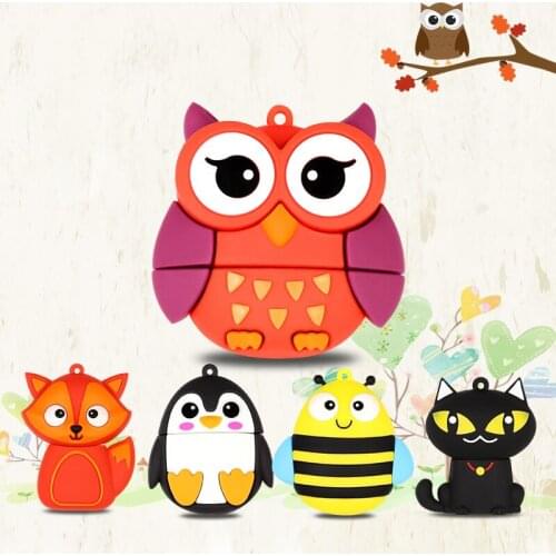 Cartoon Creative Animal usb 2.0 flash drive U disk 8GB 16GB 32GB cel usb 64GB 128GB pendrive U Stick Penguin Owl Fox Bee gift