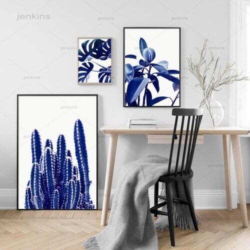 Blue Monstera Cactus Ornamental Plant Wall Art Canvas Painting Nordic Posters and Prints Wall Pictures for Living Room Decor