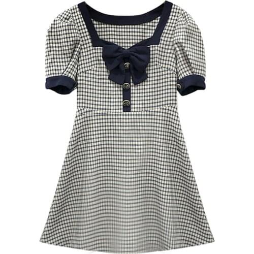 PERHAPS U Puff Sleeve Button Slash Neck Short Sleeve Mini Dress Elegant Solid Summer Women Female Plaid Bow D1884