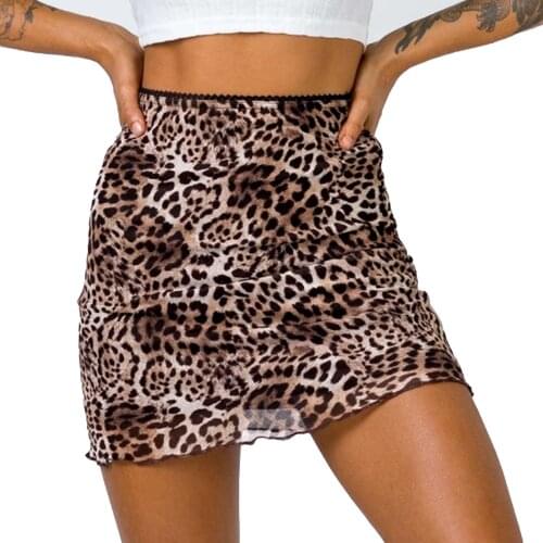 Women Leopard Print Butterfly Flower Printing Breathable Skirts Mesh Skirt Beach Wear Elastic High Waist Double Layers Miniskirt