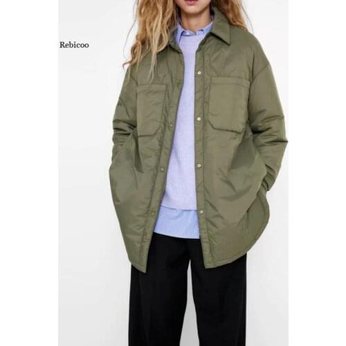 Women Winter Fashion New Turn Down Collar Long Sleeve Shirt Coats Black Green Parkas with Pockets Solid Jackets