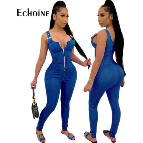 Echoine Dark Blue Zipper Hight Elastic Denim Rompers Womens Jumpsuit Suspenders Skinny Catsuit Streetwear Bodycon Party Overalls