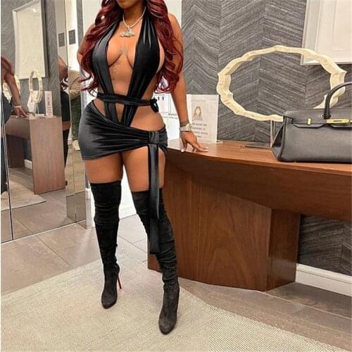 Newly Solid Black Sexy Women Two Piece Set 2021 Low Cut V Neck Backless Bodysuit+Bandage Skirts Casual Vacation Sets Streetwear