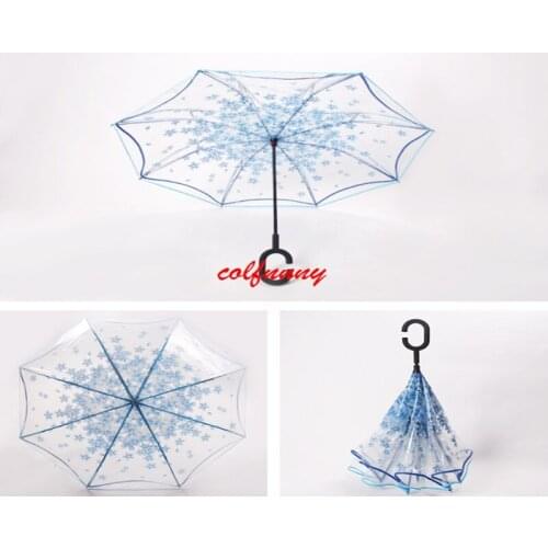 20pcs/lot Transparent Reverse Umbrella Double Layer Cherry Blossoms Inverted Umbrella Rain Women C-handle Windproof F052909