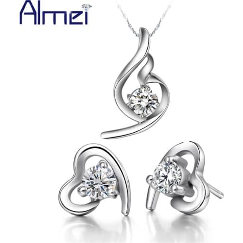 Almei Statement Necklace Earrings Engagement Heart Jewelry Sets White Purple Rhinestone Cubic Zirconia Silver Necklace T020