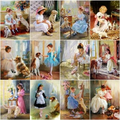 GATYZTORY Paint By Number Girl And Dogs Diy Pictures By Numbers Figure Kits Drawing On Canvas Handpainted Painting Art Gift Home
