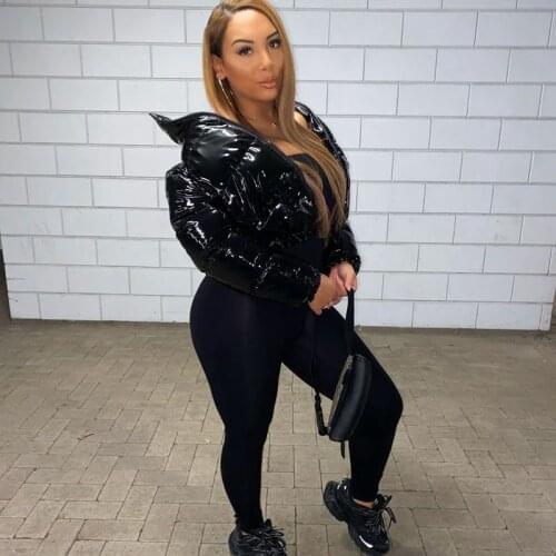 HAOYUAN Bright PU Faux Fur Leather Winter Coats for Women Cropped Puffer Jacket Clothing Warm Parka Long Sleeve Bubble Coats