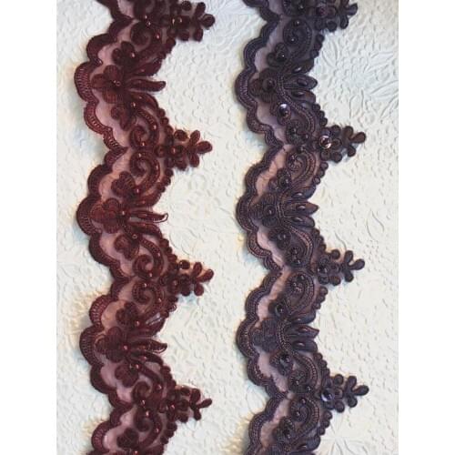 15 Yards New Bridal Burgundy Purple Blue Embroidered Lace Beaded Pearl Sequin Mesh Lace Corded Trim 8.5cm Width