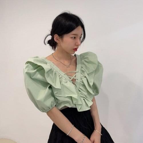 Summer Korean Style Big Lotus Leaf Front and Back Deep V-neck Halter Strap Short Shirt